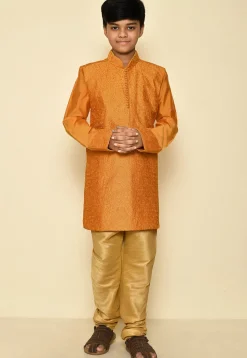 Embroidered Dupion Silk Kurta Set in Mustard