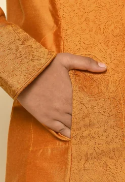 Embroidered Dupion Silk Kurta Set in Mustard