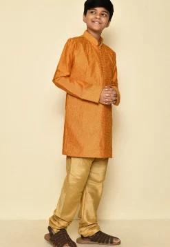 Embroidered Dupion Silk Kurta Set in Mustard