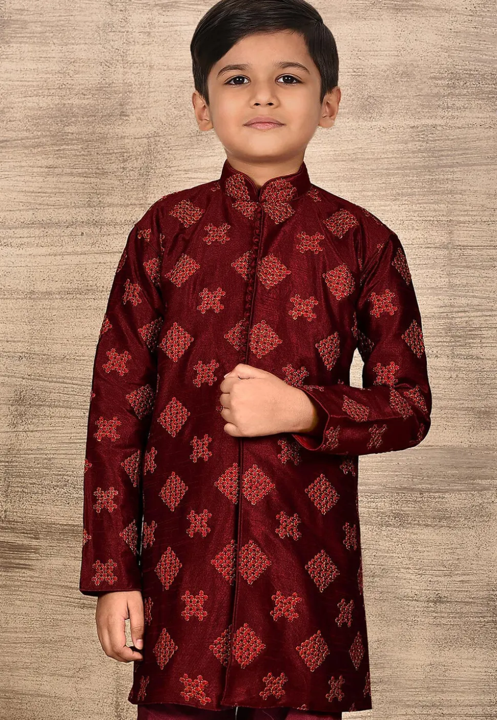 Embroidered Dupion Silk Kurta in Maroon
