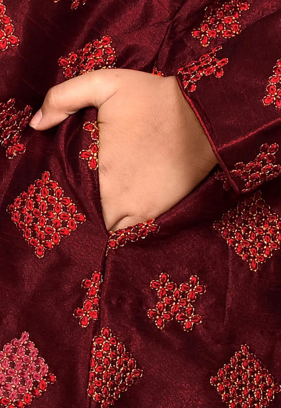 Embroidered Dupion Silk Kurta in Maroon