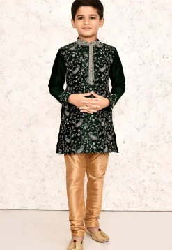 Embroidered Dupion Silk Kurta in Dark Green