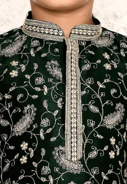 Embroidered Dupion Silk Kurta in Dark Green