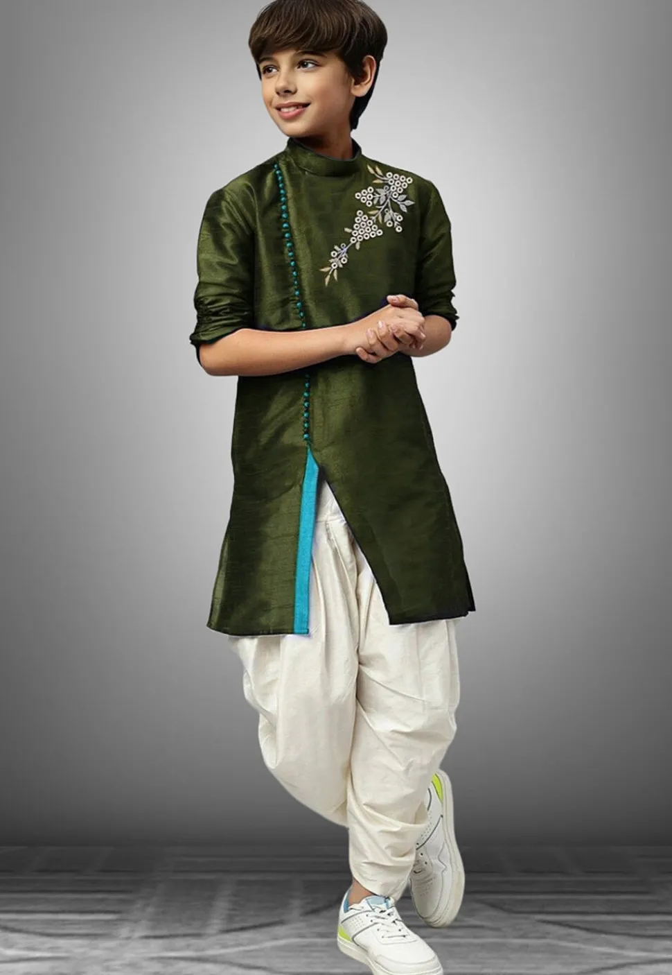 Embroidered Dupion Silk Kurta Set in Dark Green
