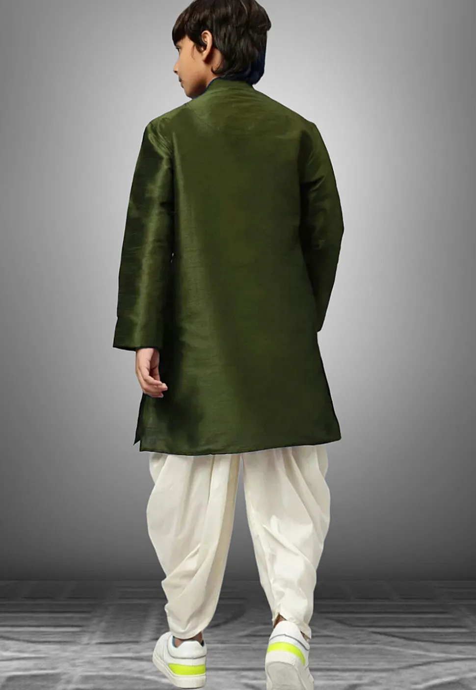 Embroidered Dupion Silk Kurta Set in Dark Green