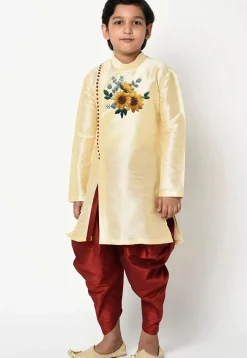 Embroidered Dupion Silk Kurta Set in Beige