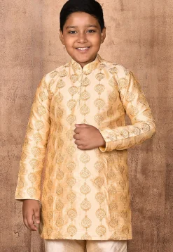 Embroidered Dupion Silk Kurta in Light Beige