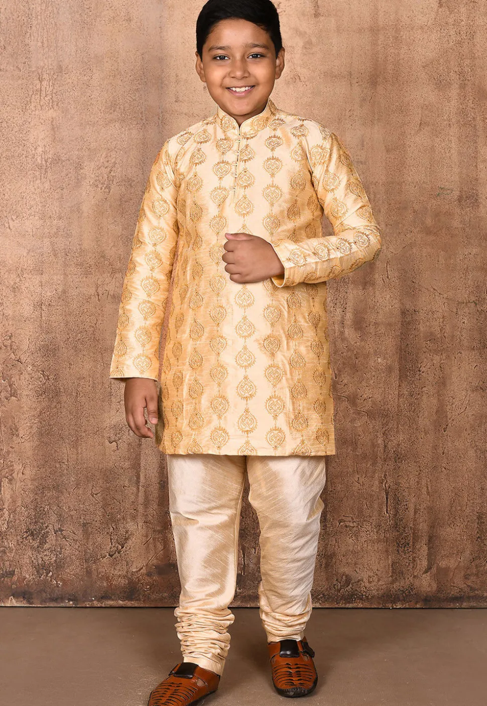 Embroidered Dupion Silk Kurta in Light Beige