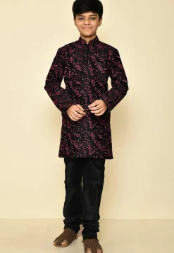 Embroidered Dupion Silk Kurta Set in Black