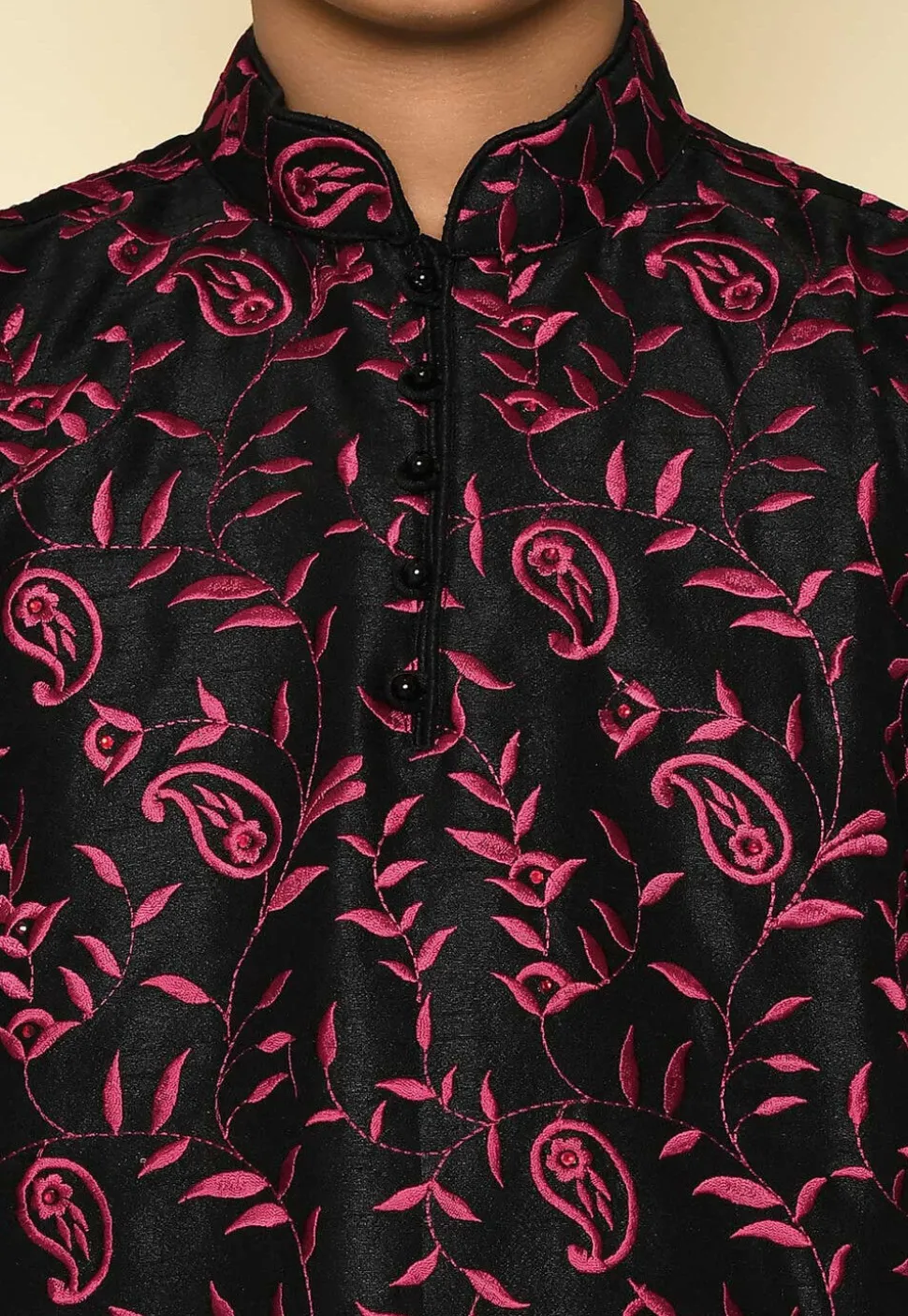 Embroidered Dupion Silk Kurta Set in Black
