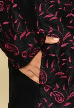 Embroidered Dupion Silk Kurta Set in Black