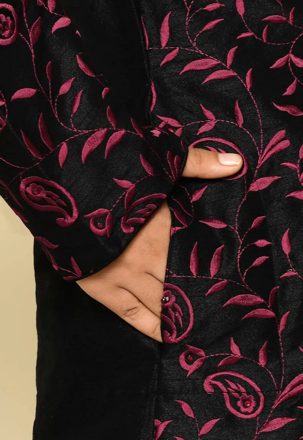 Embroidered Dupion Silk Kurta Set in Black