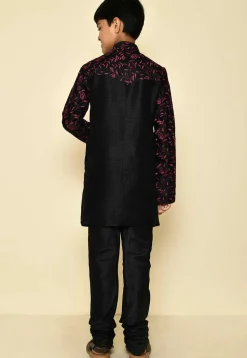 Embroidered Dupion Silk Kurta Set in Black