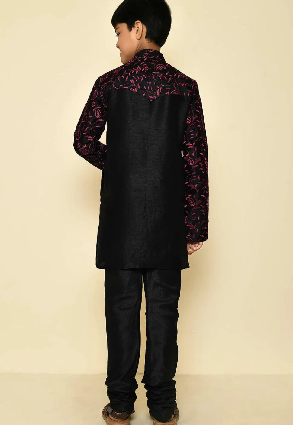 Embroidered Dupion Silk Kurta Set in Black
