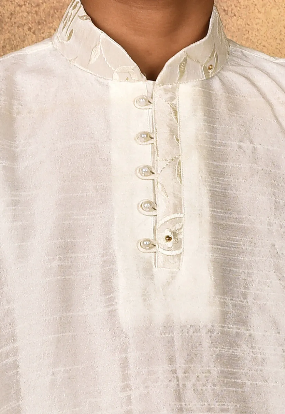 Embroidered Dupion Silk Kurta Set in White