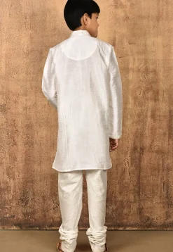 Embroidered Dupion Silk Kurta Set in White
