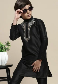 Embroidered Dupion Silk Kurta in Black