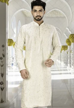 Embroidered Dupion Silk Kurta in Off White