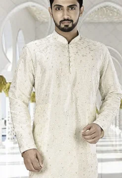 Embroidered Dupion Silk Kurta in Off White