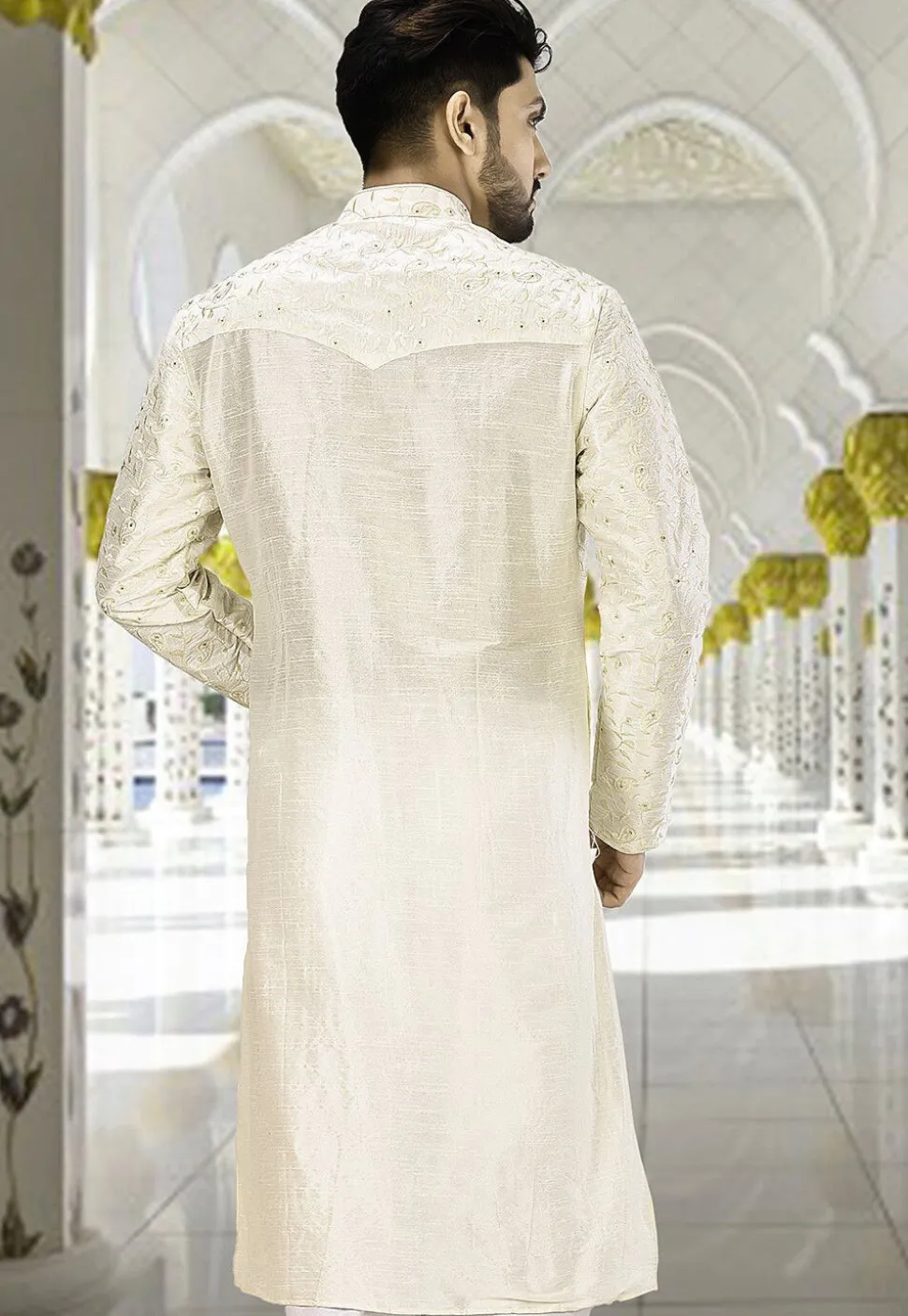 Embroidered Dupion Silk Kurta in Off White