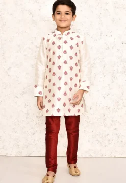 Embroidered Dupion Silk Kurta Set in Off White