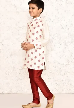 Embroidered Dupion Silk Kurta Set in Off White