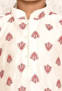 Embroidered Dupion Silk Kurta Set in Off White
