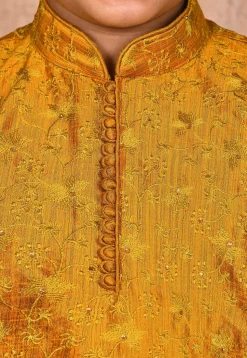 Embroidered Dupion Silk Kurta Set in Mustard