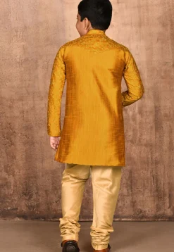 Embroidered Dupion Silk Kurta Set in Mustard