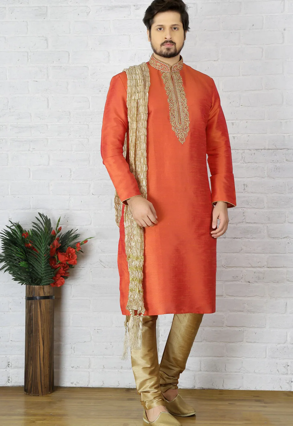 Embroidered Dupion Silk Kurta Pyjama in Orange