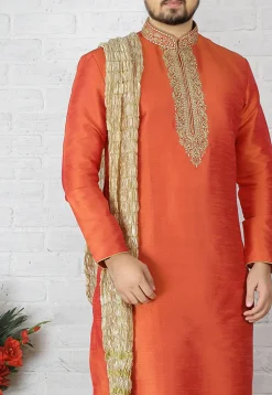 Embroidered Dupion Silk Kurta Pyjama in Orange