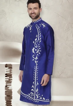 Embroidered Dupion Silk Kurta in Royal Blue