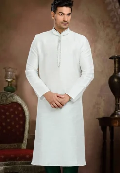 Embroidered Dupion Silk Kurta in White