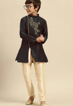 Embroidered Dupion Silk Kurta in Black