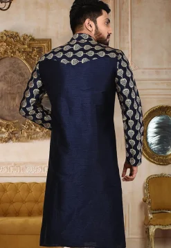 Embroidered Dupion Silk Kurta in Navy Blue