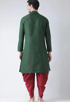 Embroidered Dupion Silk Kurta Set in Dark Green