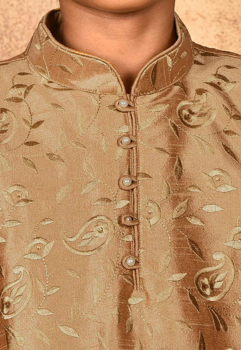 Embroidered Dupion Silk Kurta Set in Dark Beige