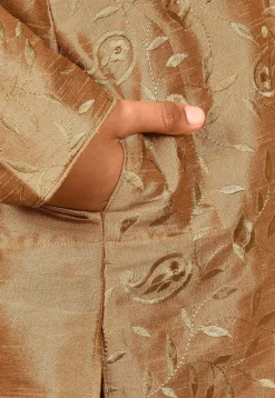 Embroidered Dupion Silk Kurta Set in Dark Beige