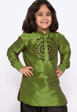 Embroidered Dupion Silk Kurta in Olive Green