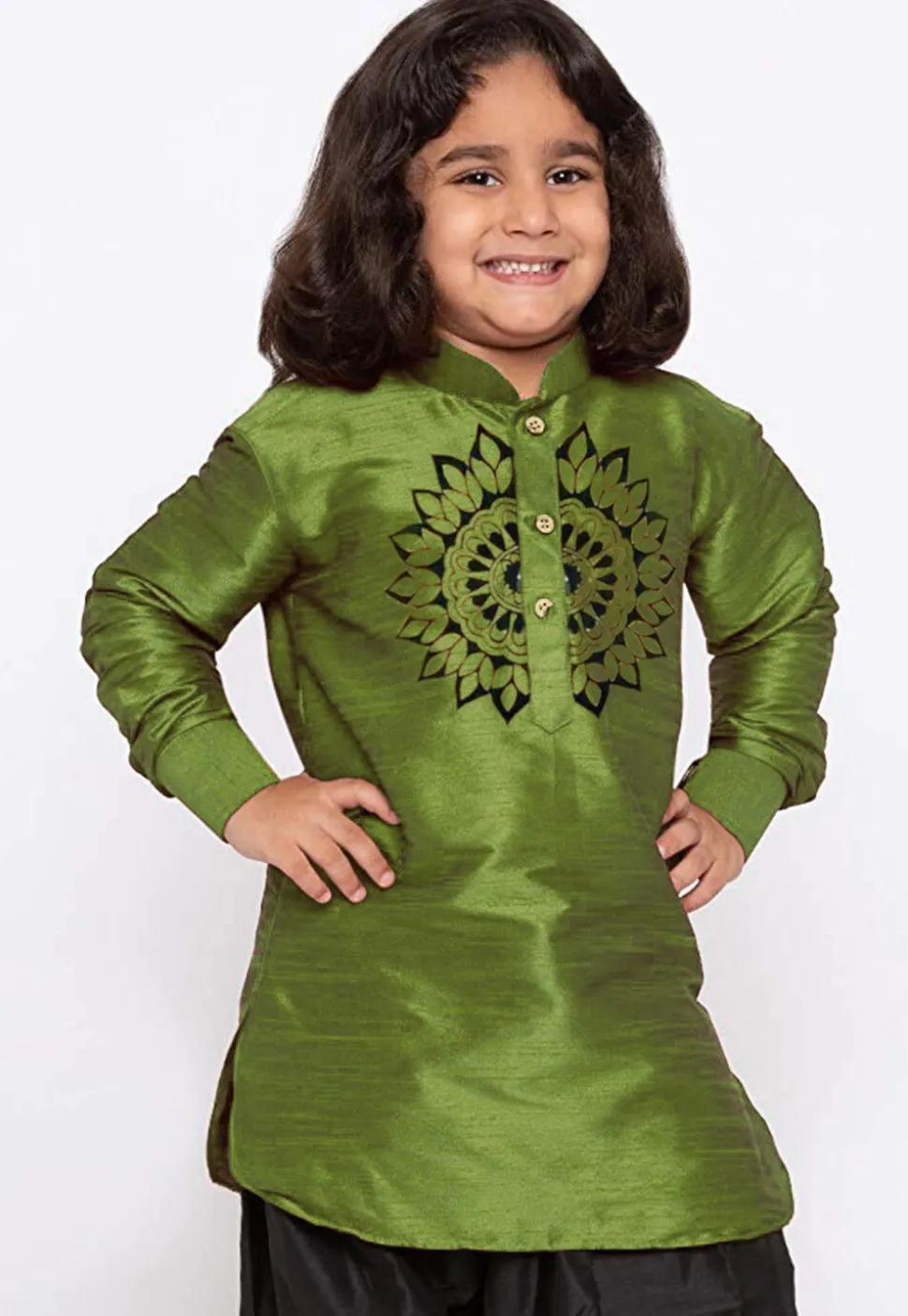 Embroidered Dupion Silk Kurta in Olive Green