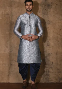 Embroidered Dupion Silk Kurta Set in Grey