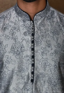 Embroidered Dupion Silk Kurta Set in Grey