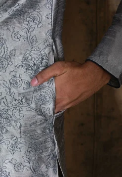 Embroidered Dupion Silk Kurta Set in Grey