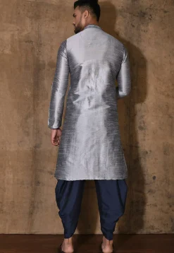 Embroidered Dupion Silk Kurta Set in Grey