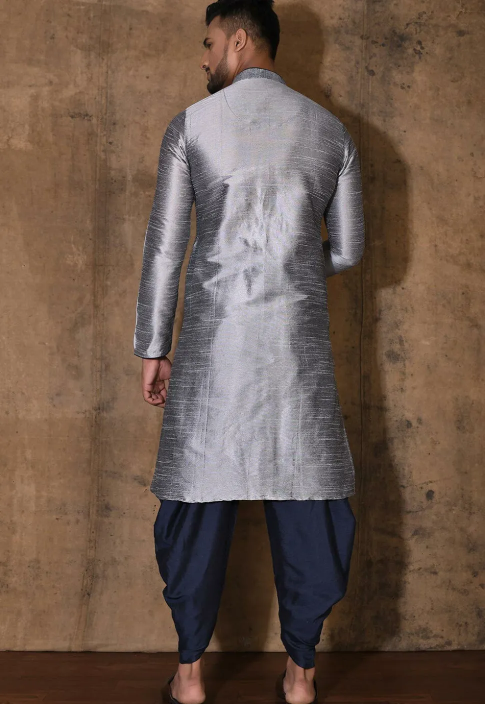 Embroidered Dupion Silk Kurta Set in Grey
