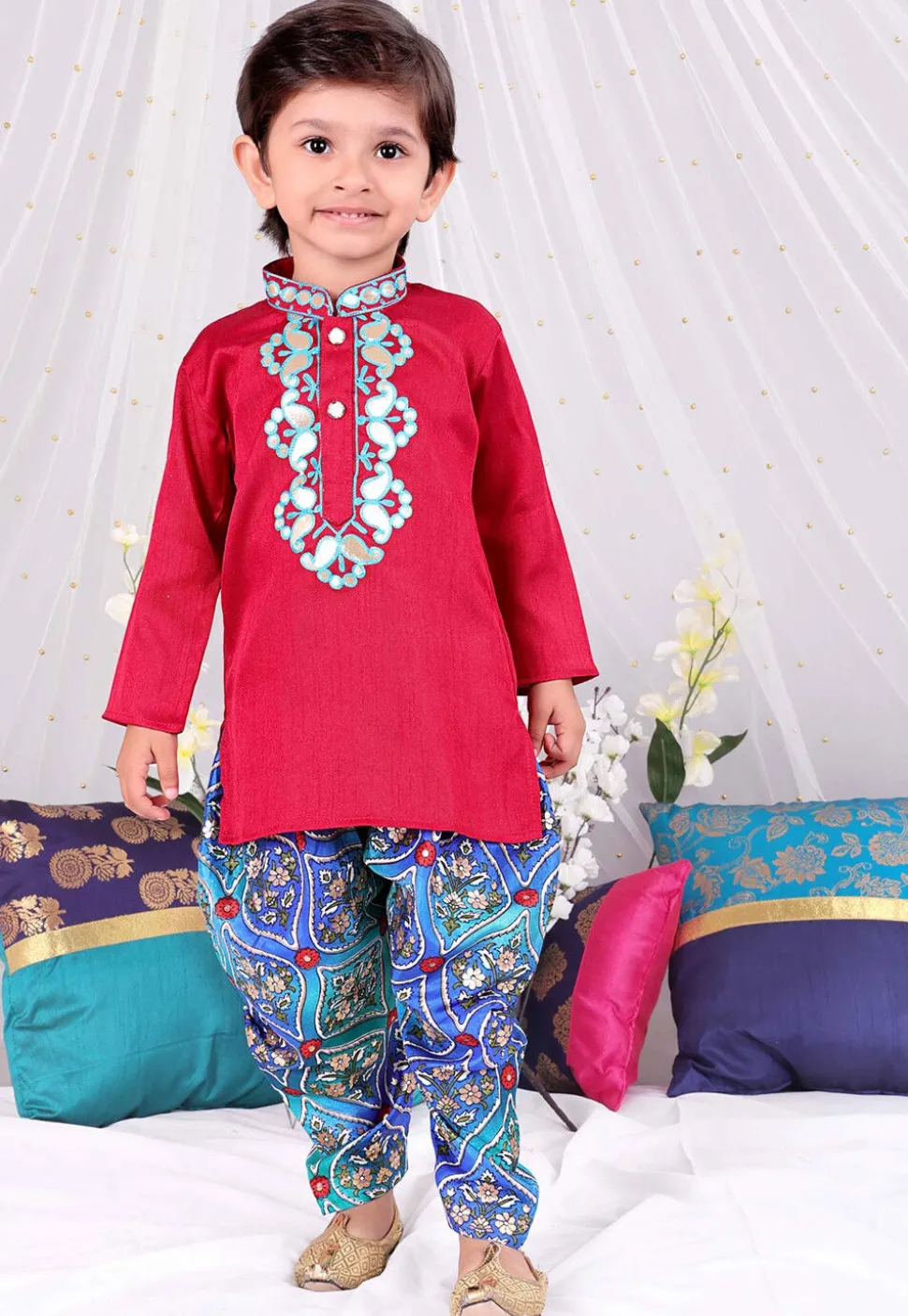 Embroidered Dupion Silk Kurta Set in Red