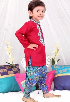 Embroidered Dupion Silk Kurta Set in Red