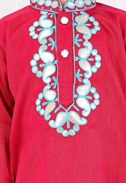 Embroidered Dupion Silk Kurta Set in Red
