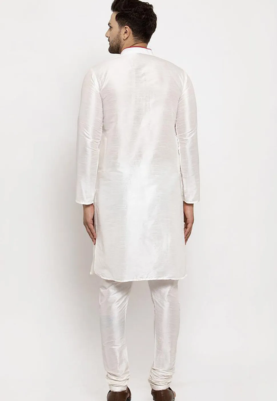 Embroidered Dupion Silk Kurta Set in White