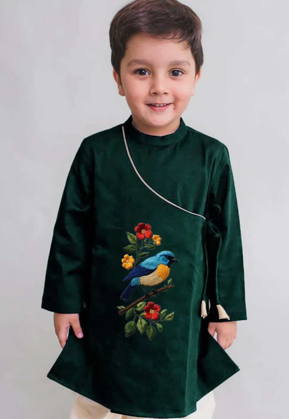 Embroidered Dupion Silk Kurta in Dark Green
